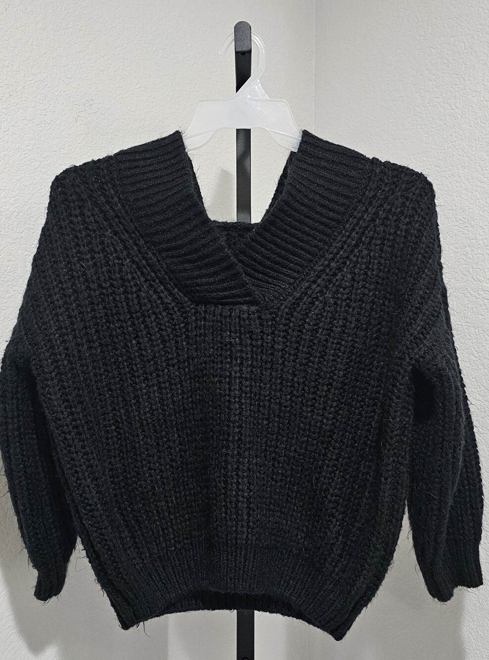 Black V-Neck Chunky Knit Sweater - Women